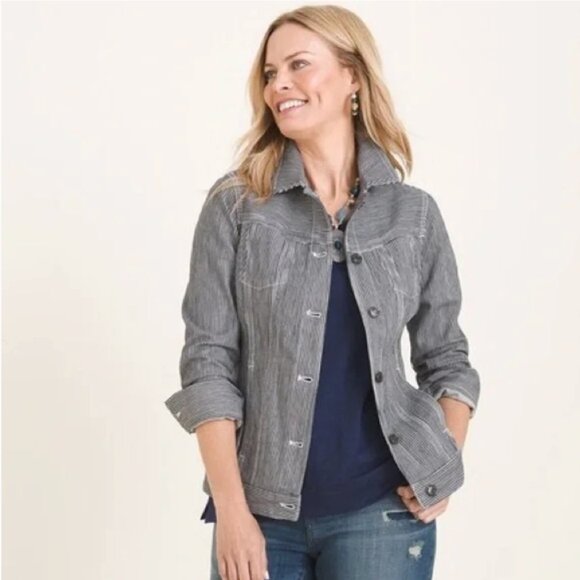 Chico's Railroad Stripe Denim Jacket Black White Preppy Casual Sz 16 / 18P - Picture 2 of 14